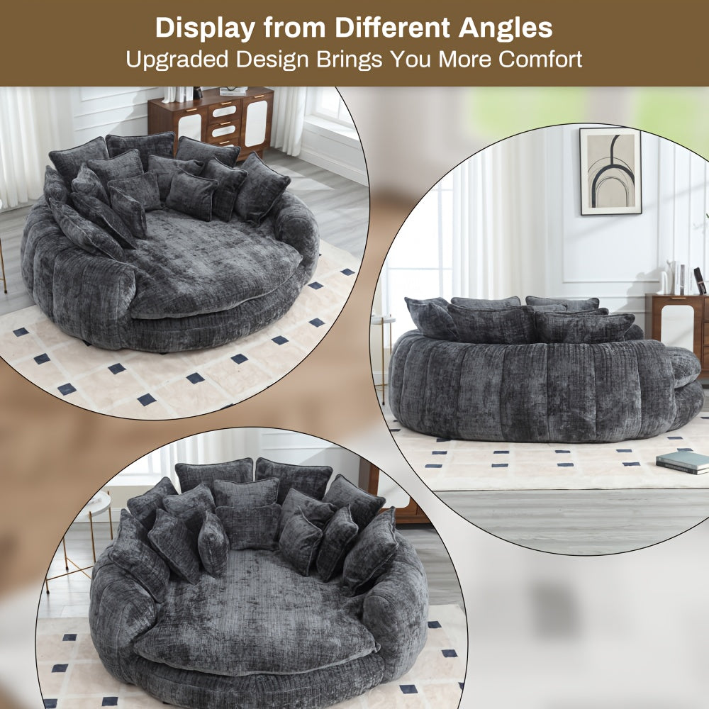 81" Upholstered Chenille Round Sofa Bed with Plush Fluffy Cushion