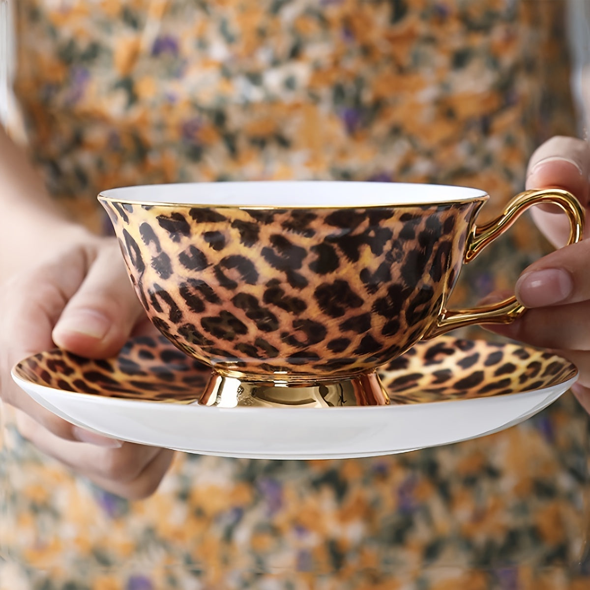 Leopard Print Ceramic Tea Cup、Spoon And Saucer Set
