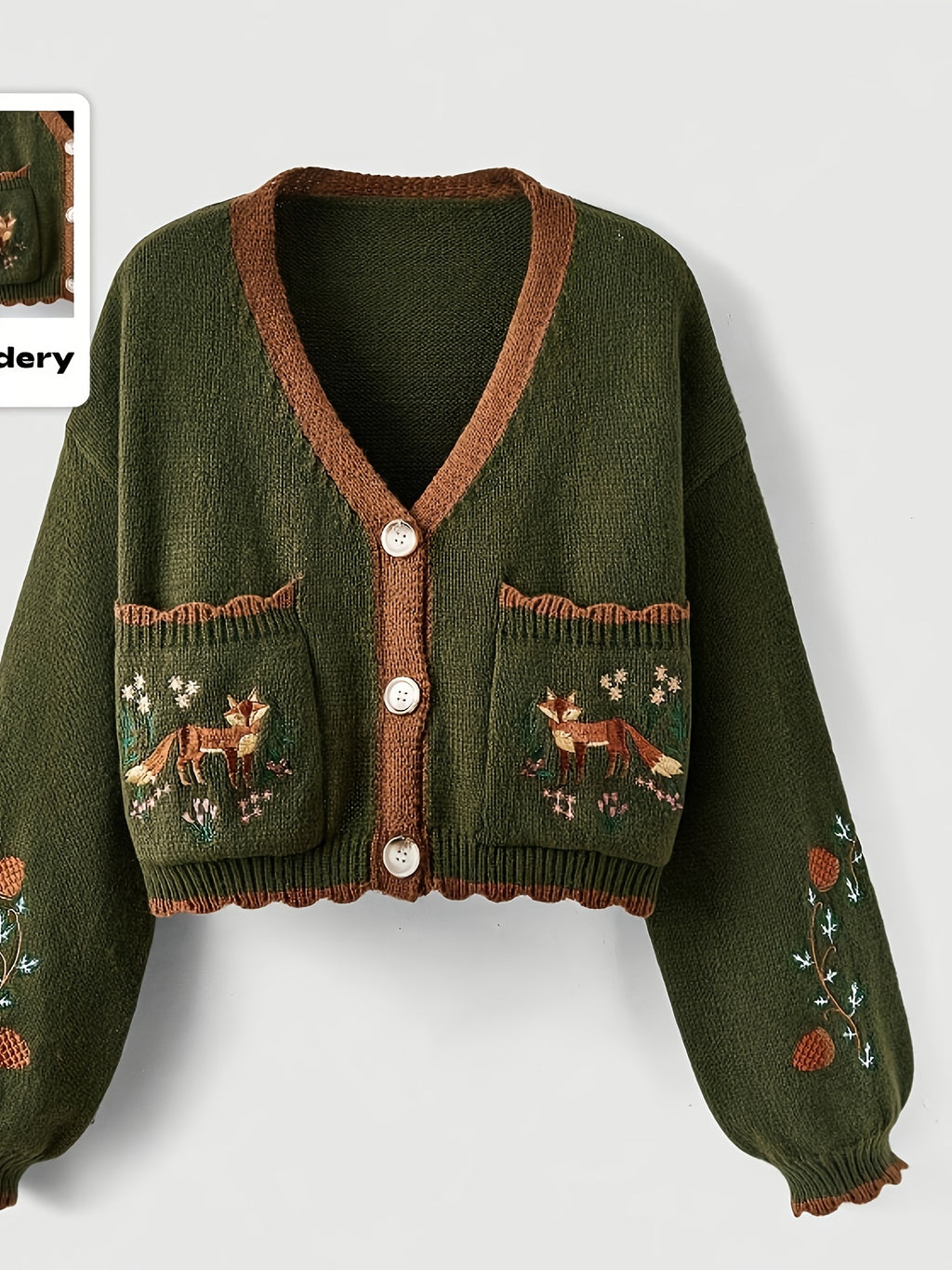 Elegant V-Neck Cardigan with Fox & Floral Embroidery