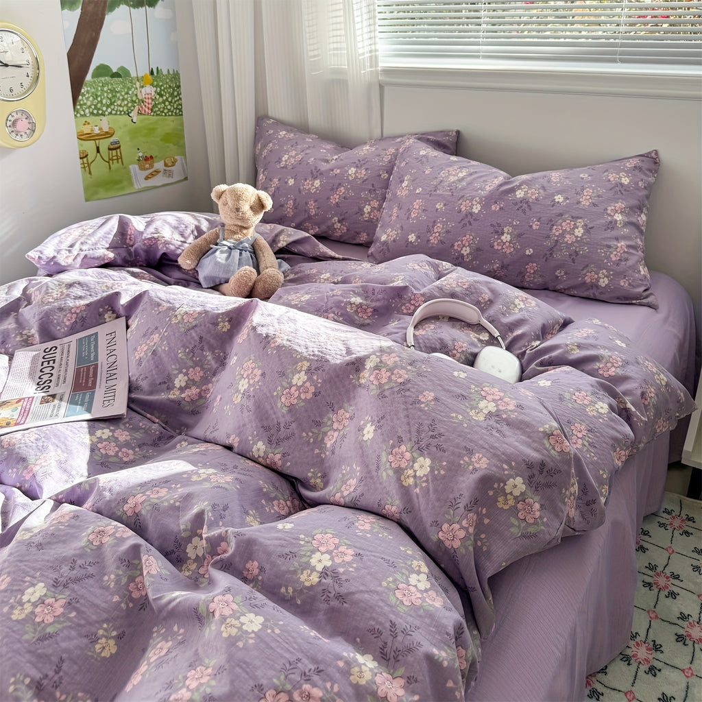 Hibiscus Pattern Fresh Style 4pcs Bedding Set (1 Duvet Cover + 1 Fitted Sheet + 2 Pillowcases)