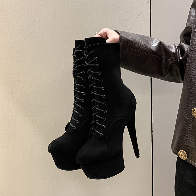 Mid-Calf Boots, Solid Color Fashion Ankle Booties with Thick Sole and Pointed Toe
