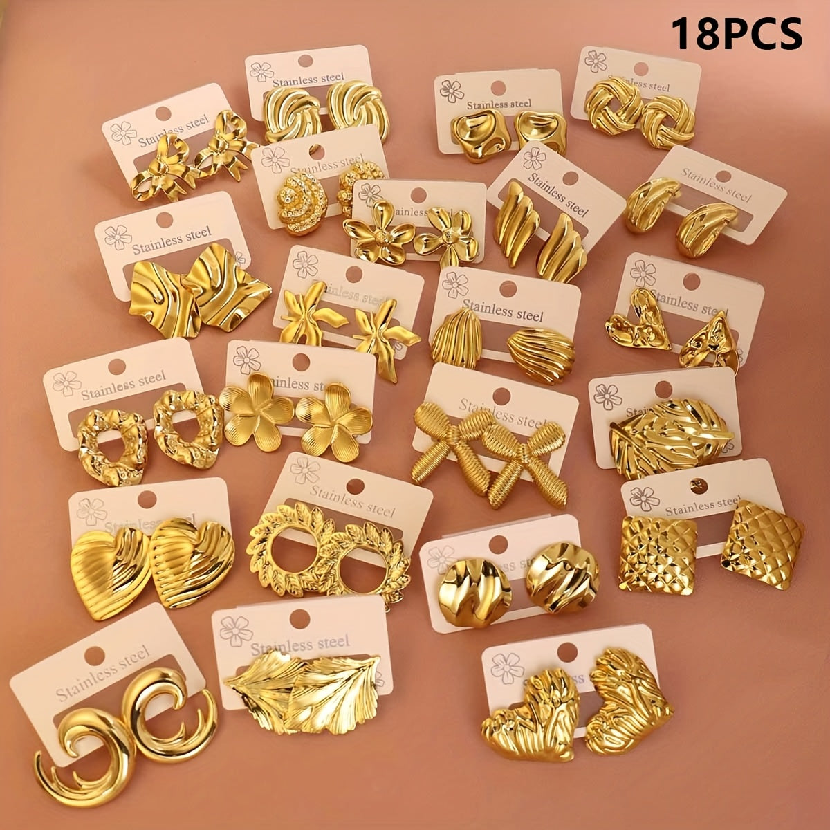 12pcs/Set or 18pcs/Set Stainless Steel Golden Heart/Leaf/Wing Earrings