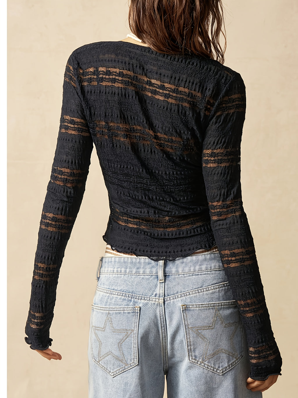 Lace-Like Cutout V-Neck Long Sleeve T-Shirt