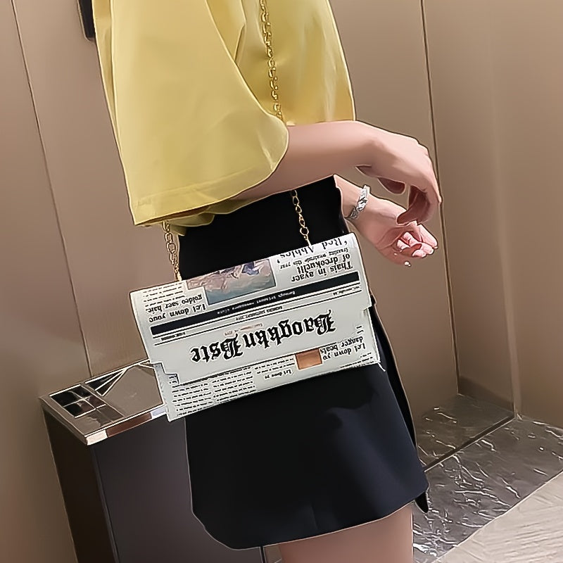 Trendy Chain Crossbody Newspaper Clutch Bag - Women's Envelope Flap Purse For Party Prom