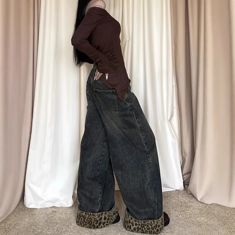 Vintage Leopard Print Cuffed Denim Pants