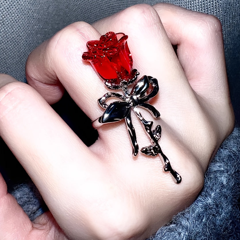 Adjustable Rose Ring with Red Rose & Bow Accent