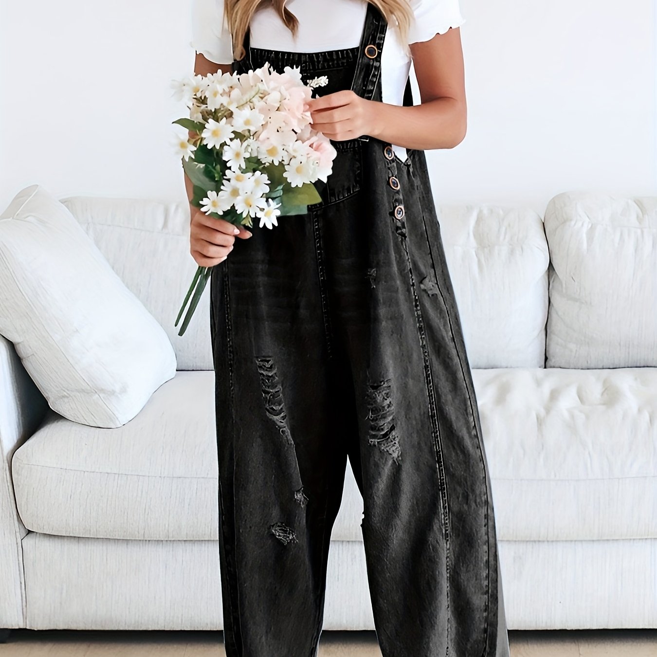 Distressed Denim Overalls