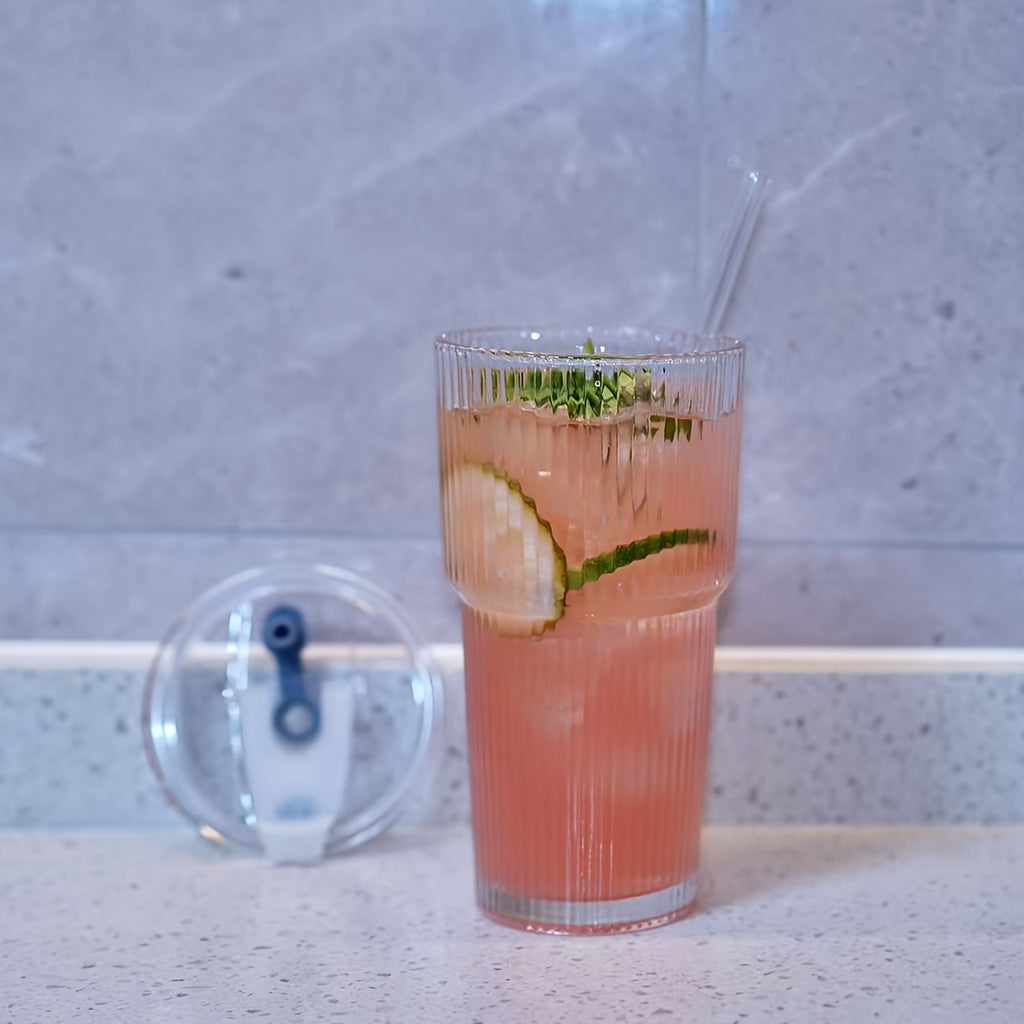 {1/2/4pcs] LDQ Striped Glass Cups with Straws & Lids