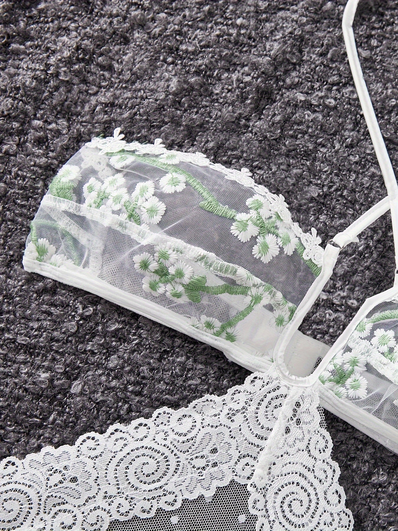 Lace and Mesh Embroidered Bodysuit with Ribbon Necktie