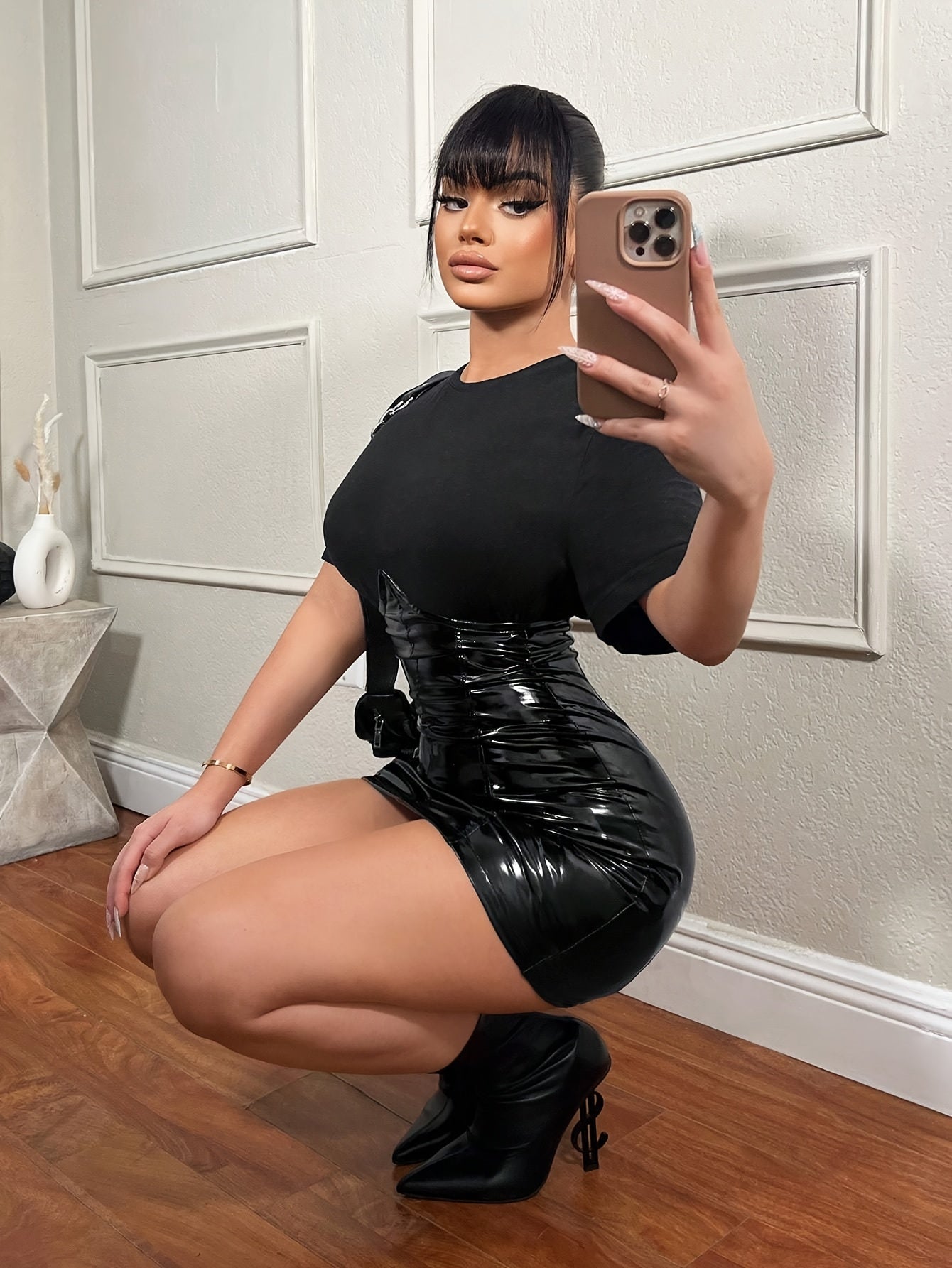 Glossy Black PU Leather Bodycon Mini Skirt