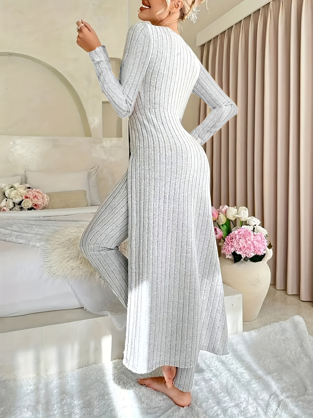 Two-piece Set of Ribbed Long-sleeved Top and Pants