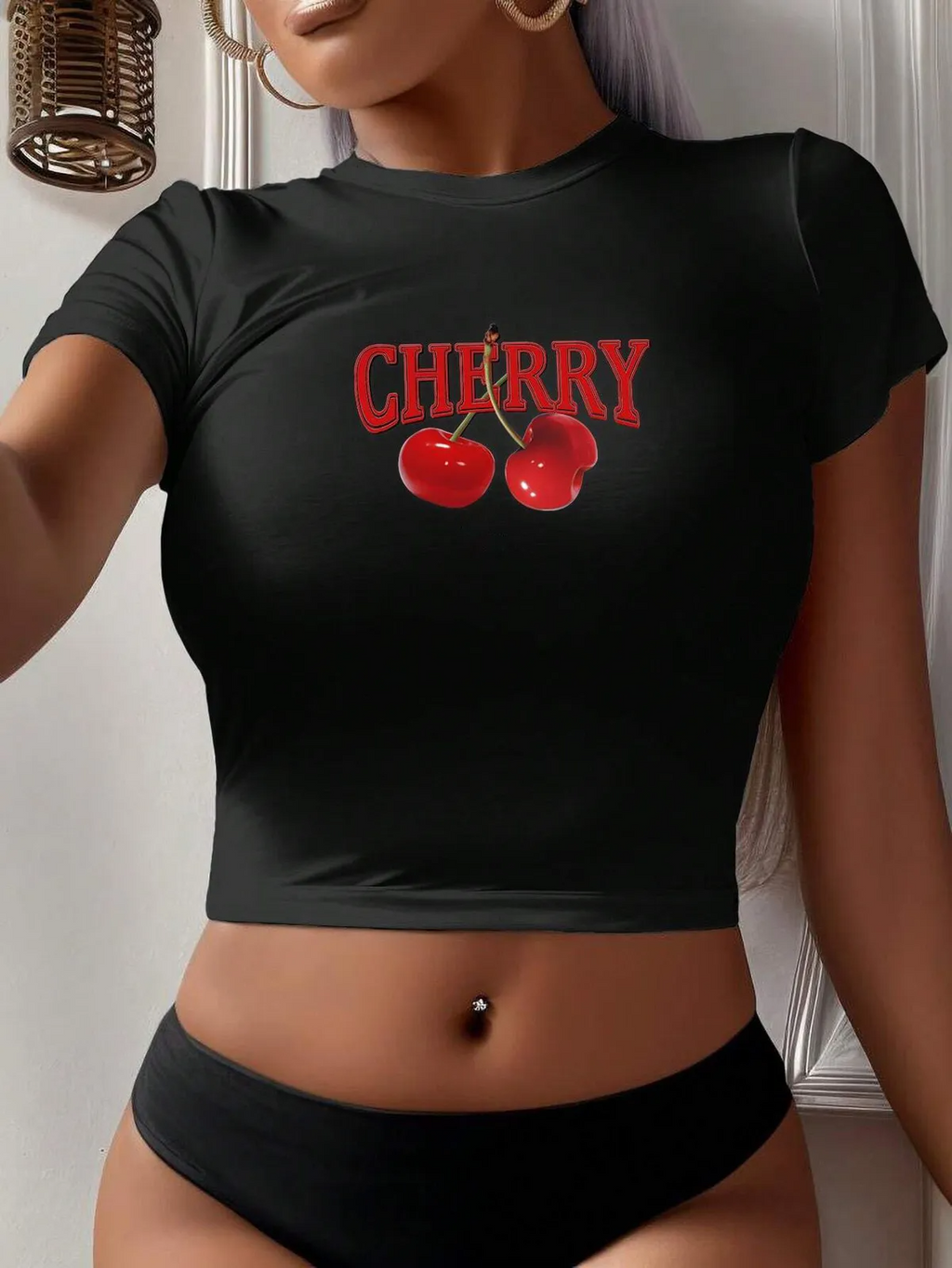 Slim-Fit Letter Cherry Printed Crop T-shirt
