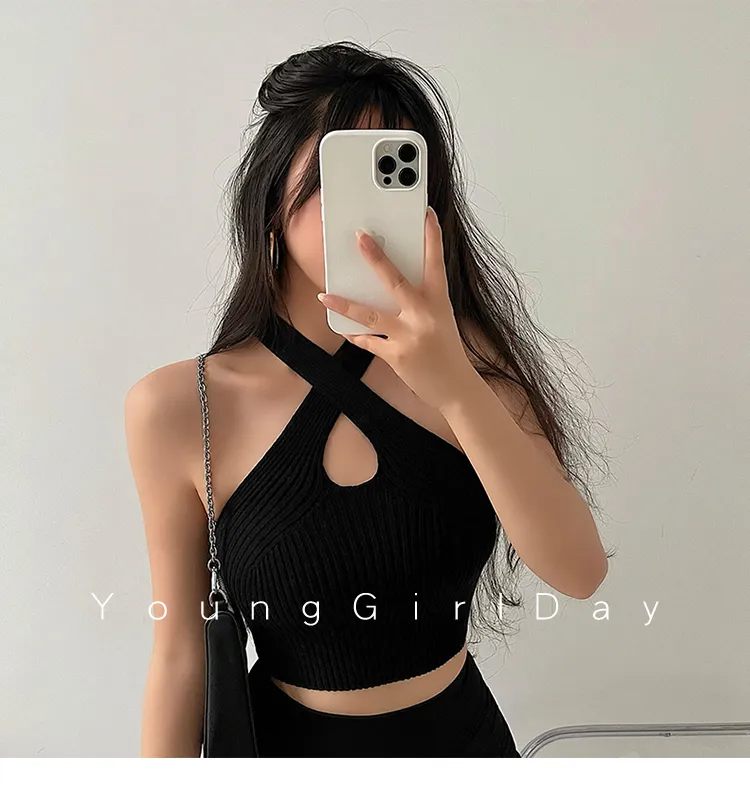 Knitted Off Shoulder Halter Neck Crop Top
