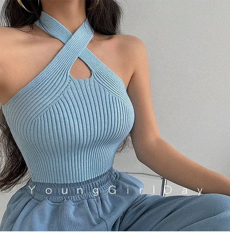 Knitted Off Shoulder Halter Neck Crop Top
