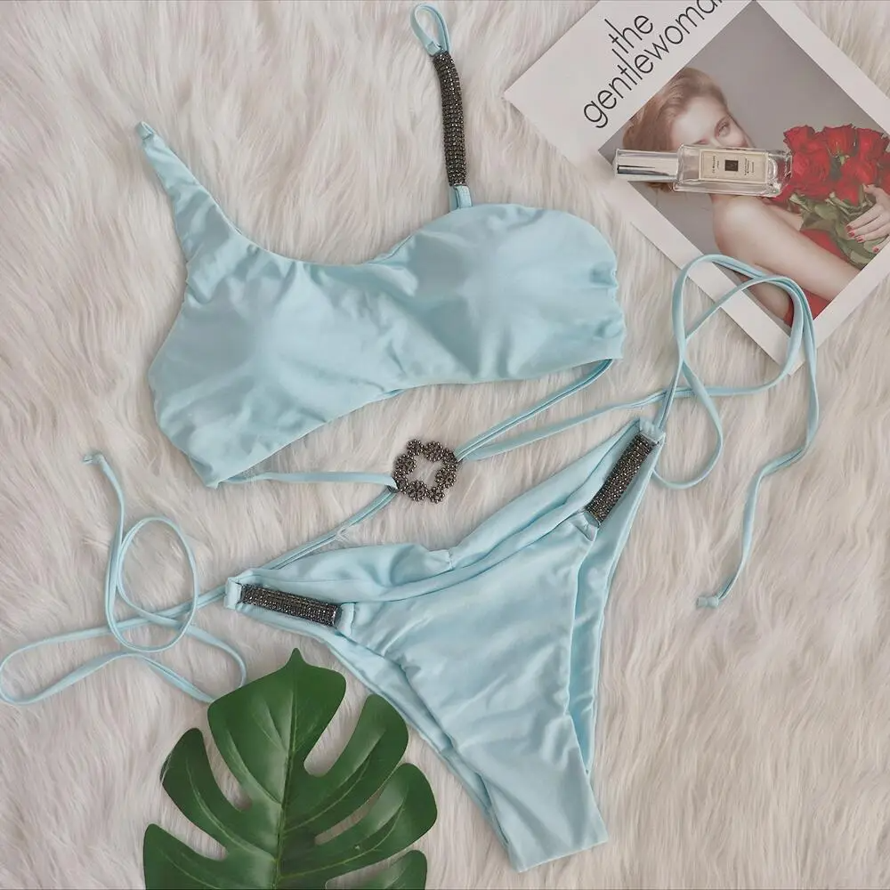 Solid Color Rhinestone Pleated Bikini Blank Swimsuit