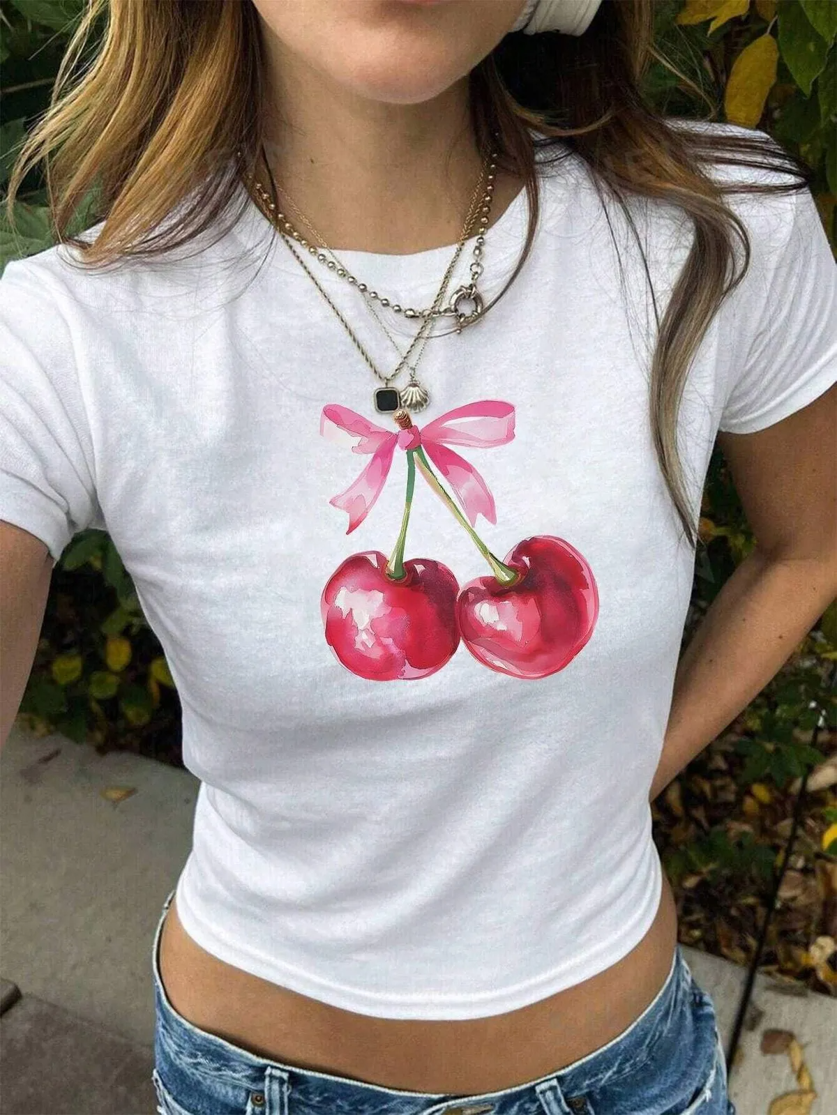 Slim-Fit Letter Cherry Printed Crop T-shirt