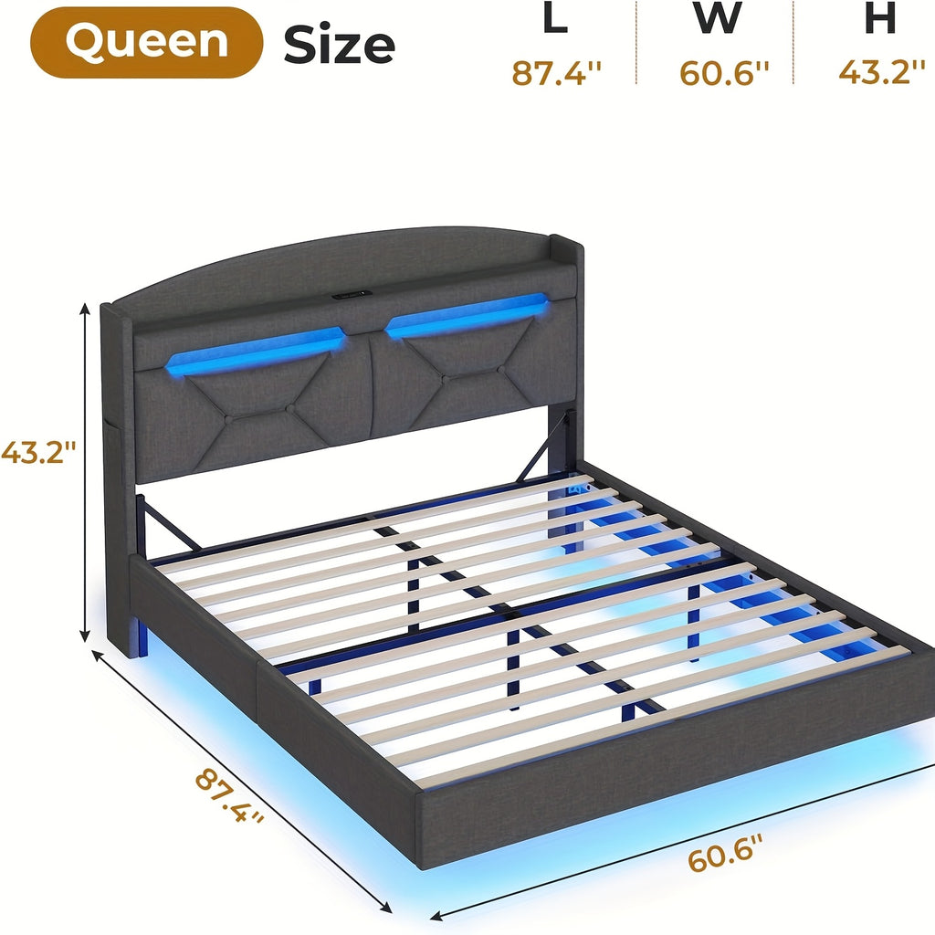 LED Bed Frame with USB Charging Station, Remote Control Floor Mounted Platform Bed with Storage Headboard