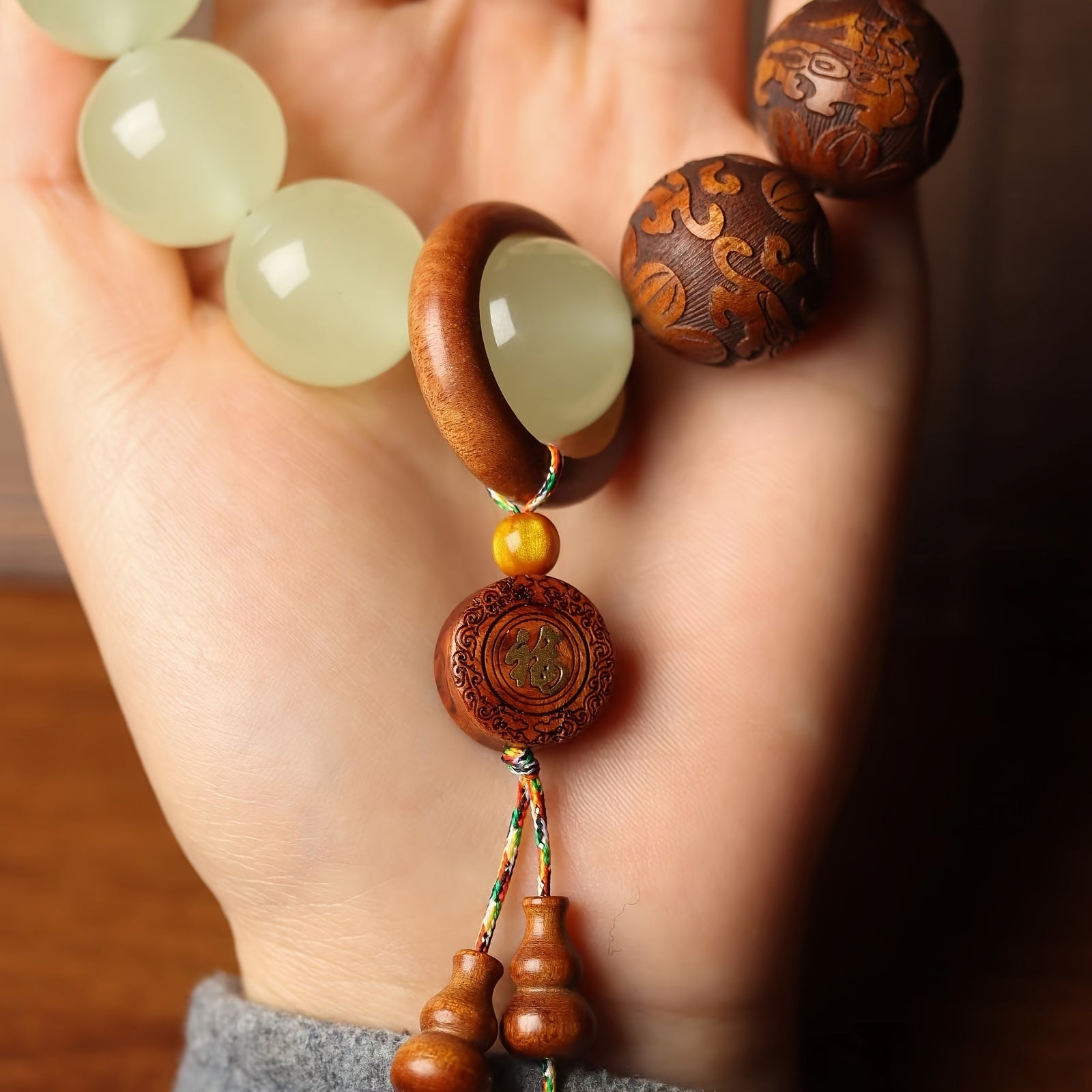 Sandalwood Pear Wood Carved Luminous Beads String with Fortune Words