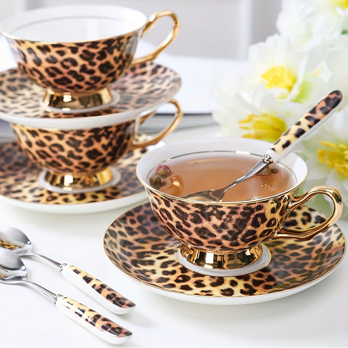 Leopard Print Ceramic Tea Cup、Spoon And Saucer Set
