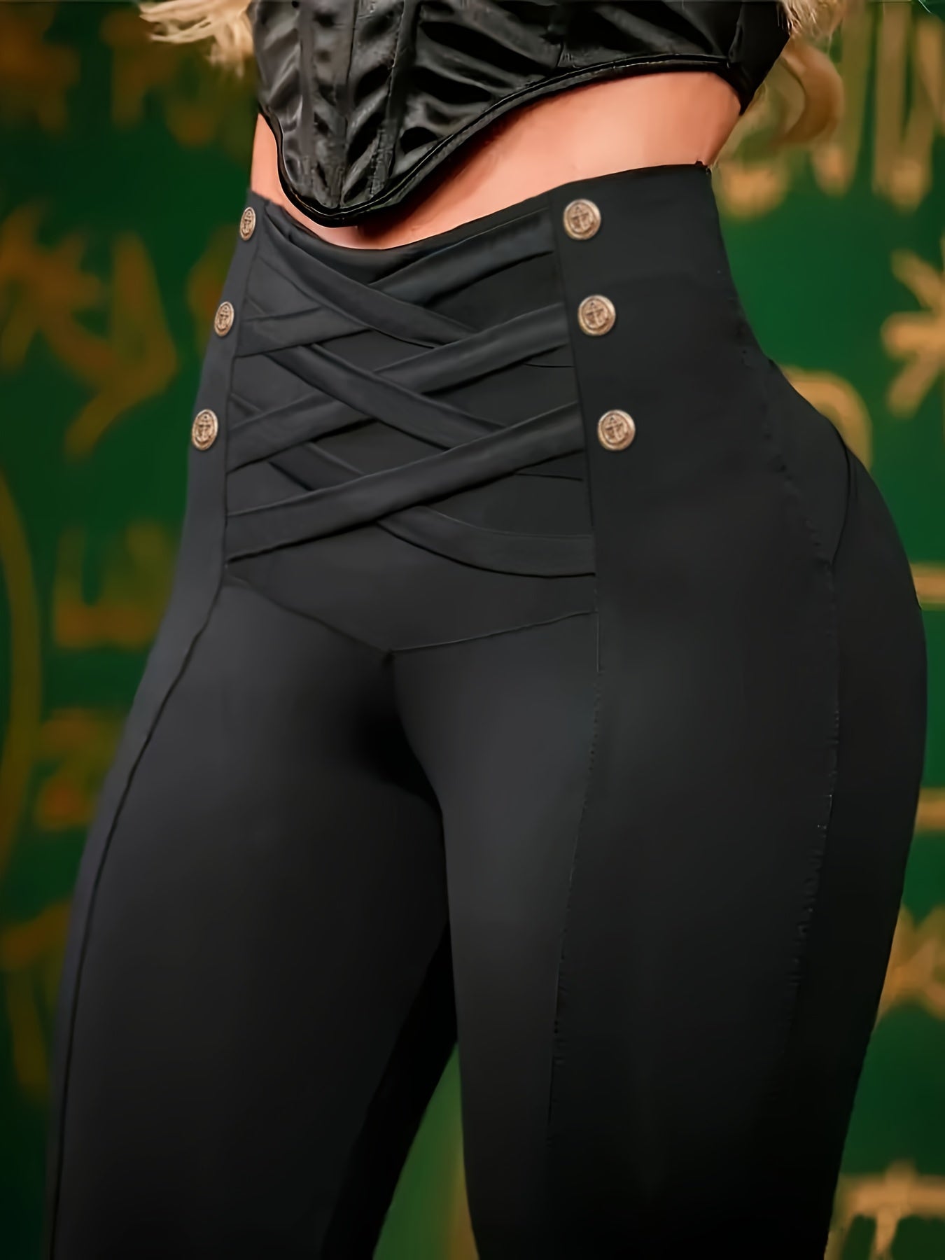 High-Waisted Black Leggings with Decorative Golden Buttons