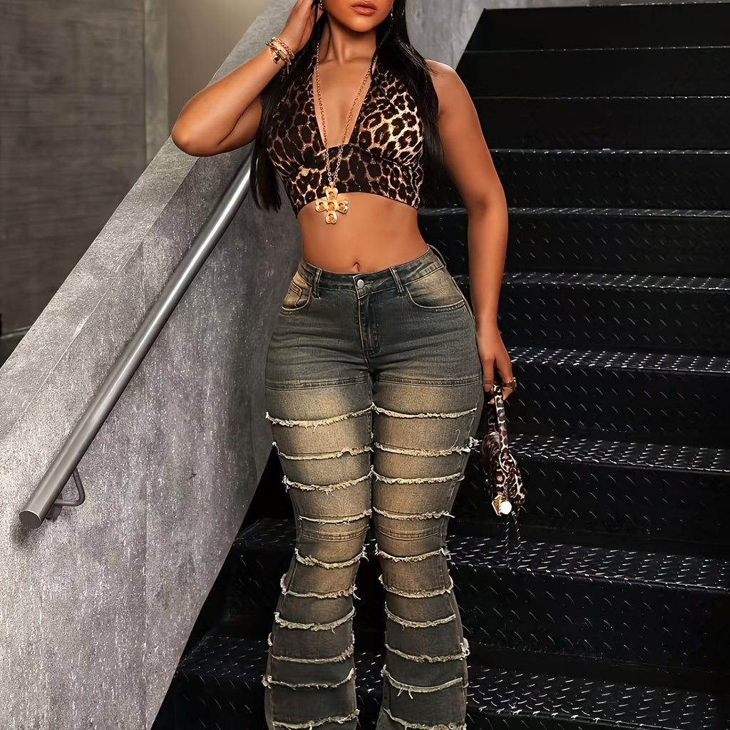 Multi-Layer Frayed Hem Pick-Stitch Denim Bootcut Pants