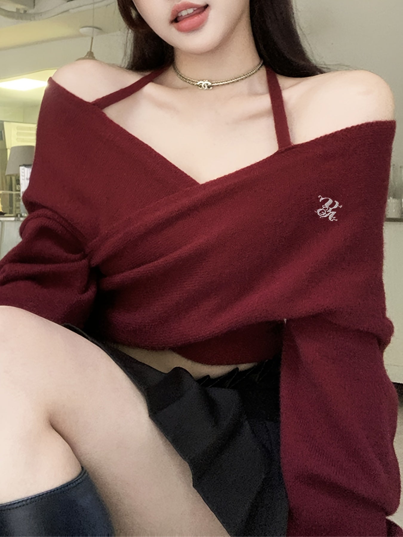 Women's Off-the-Shoulder Cross Front Sweater - Soft Warm Winter Pullover with Deep Red Solid Color, Korean Fashion Short Length Top for Casual & Festive Outfits, Autumn Wardrobe Essential, Notched Collar Design, Soft Texture