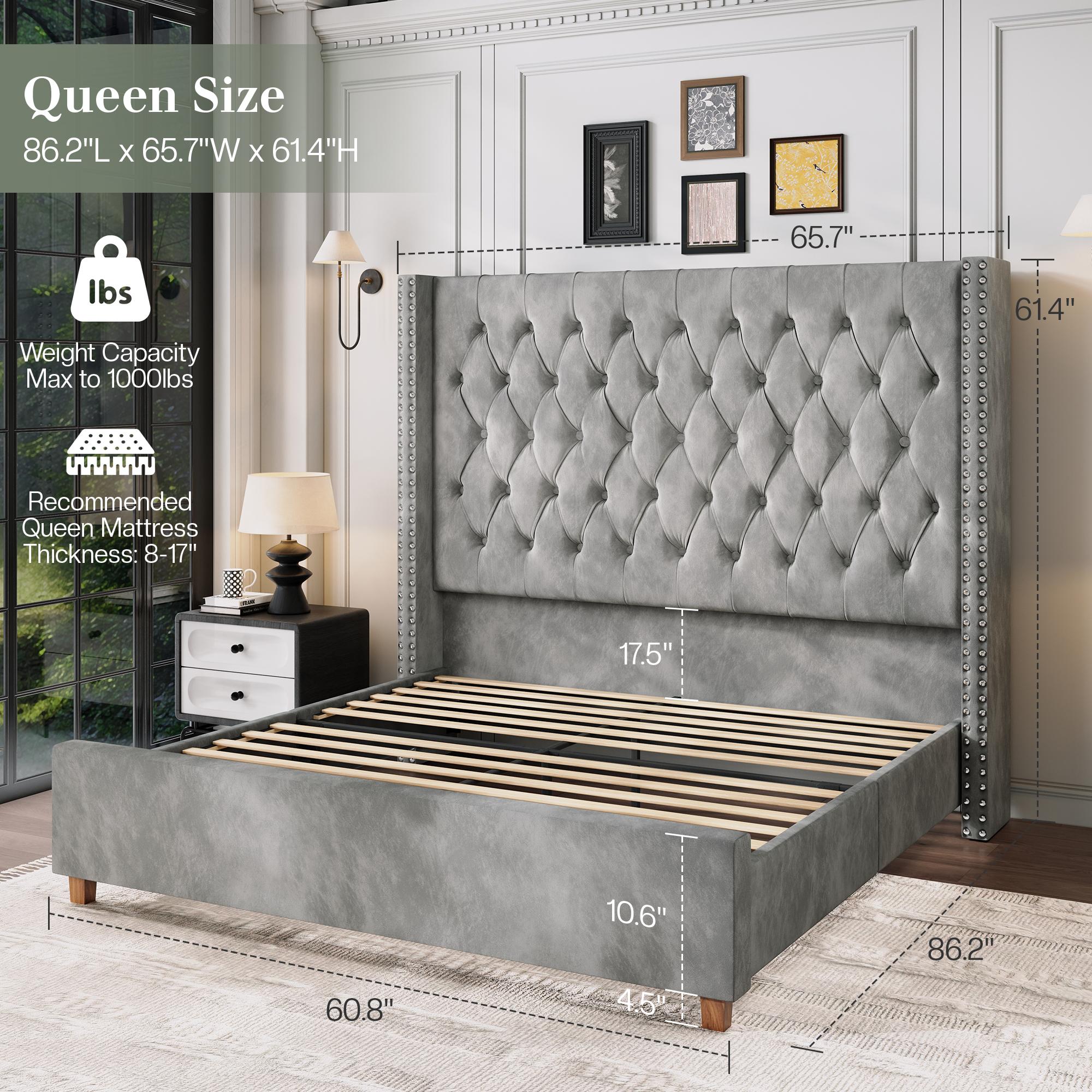 61.4" Tall Luxury Bed Frame with Tufted Wingback Headboard