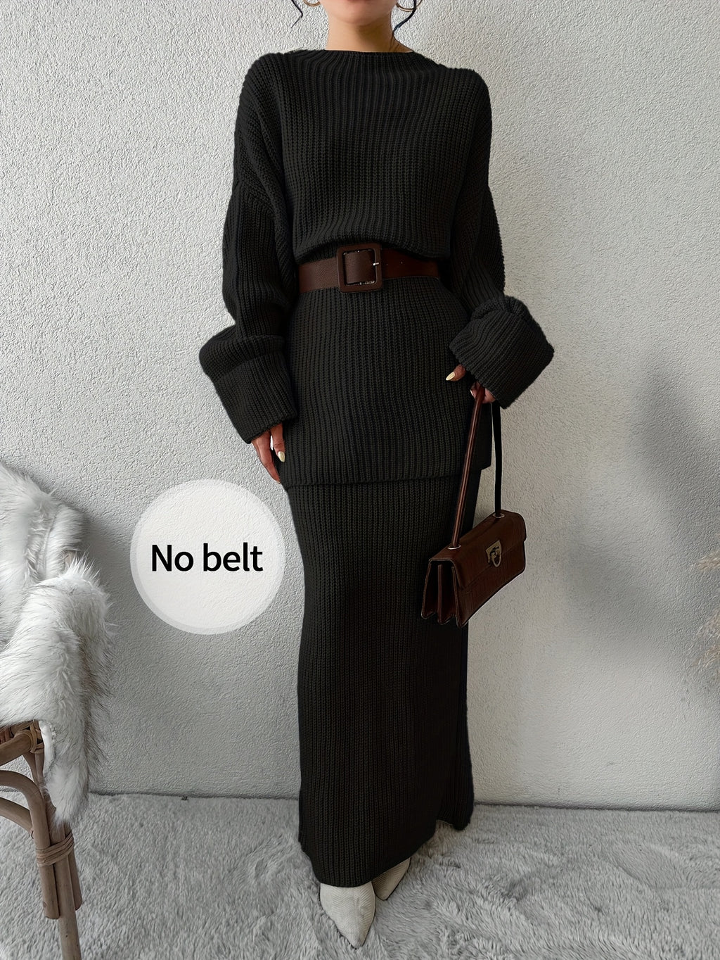 Drop Shoulder Ribbed Crew Neck Sweater Set and Maxi Dress