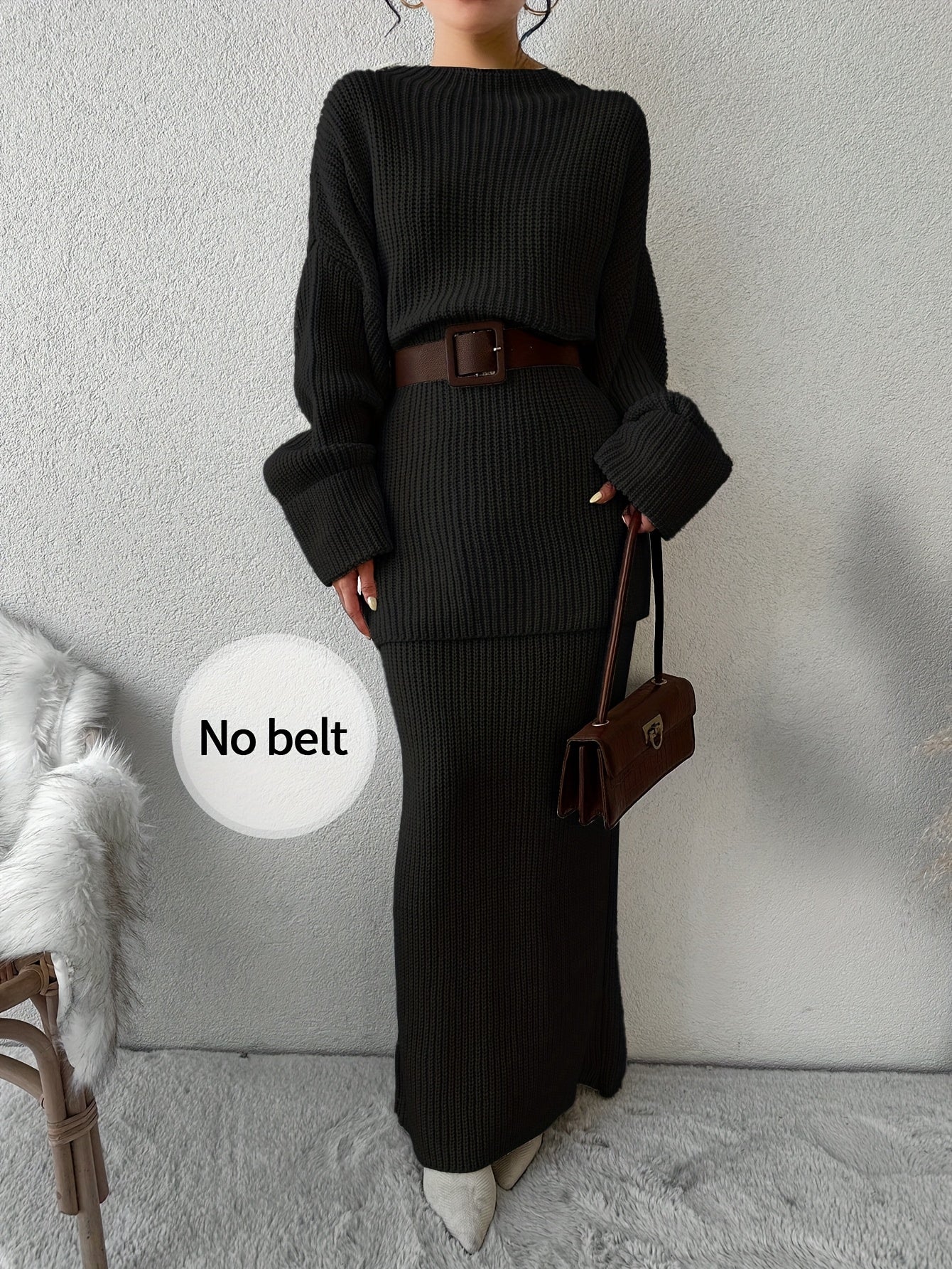 Drop Shoulder Ribbed Crew Neck Sweater Set and Maxi Dress