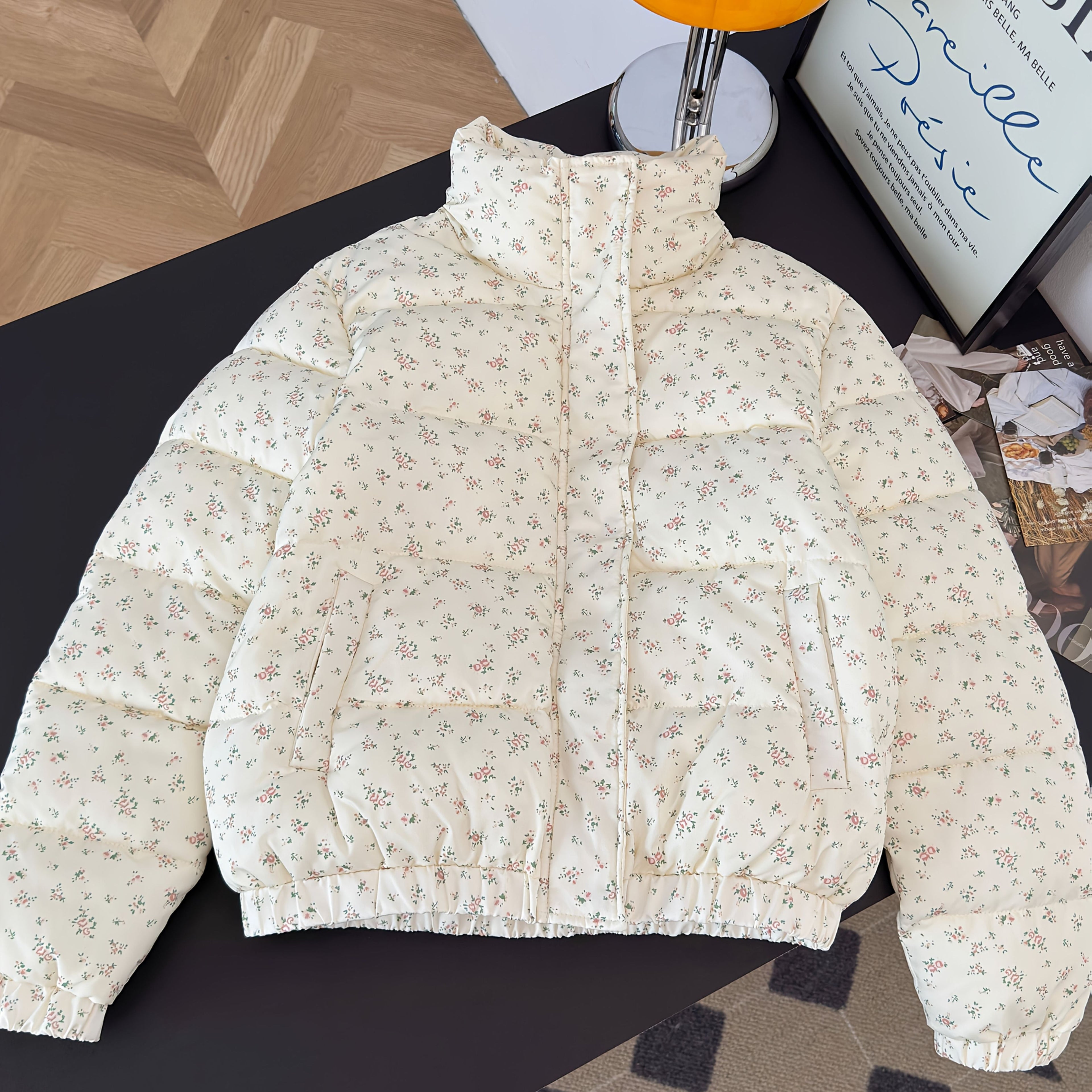 Women'S Cozy Fleece-Lined Zip-Up Jacket with Elastic Cuffs - Chic Floral Pattern, Long Sleeve, Button-Up Front, Perfect for Fall & Winter, Cozy Winter Jacket | Buttonup Front Jacket | Soft Texture Jacket