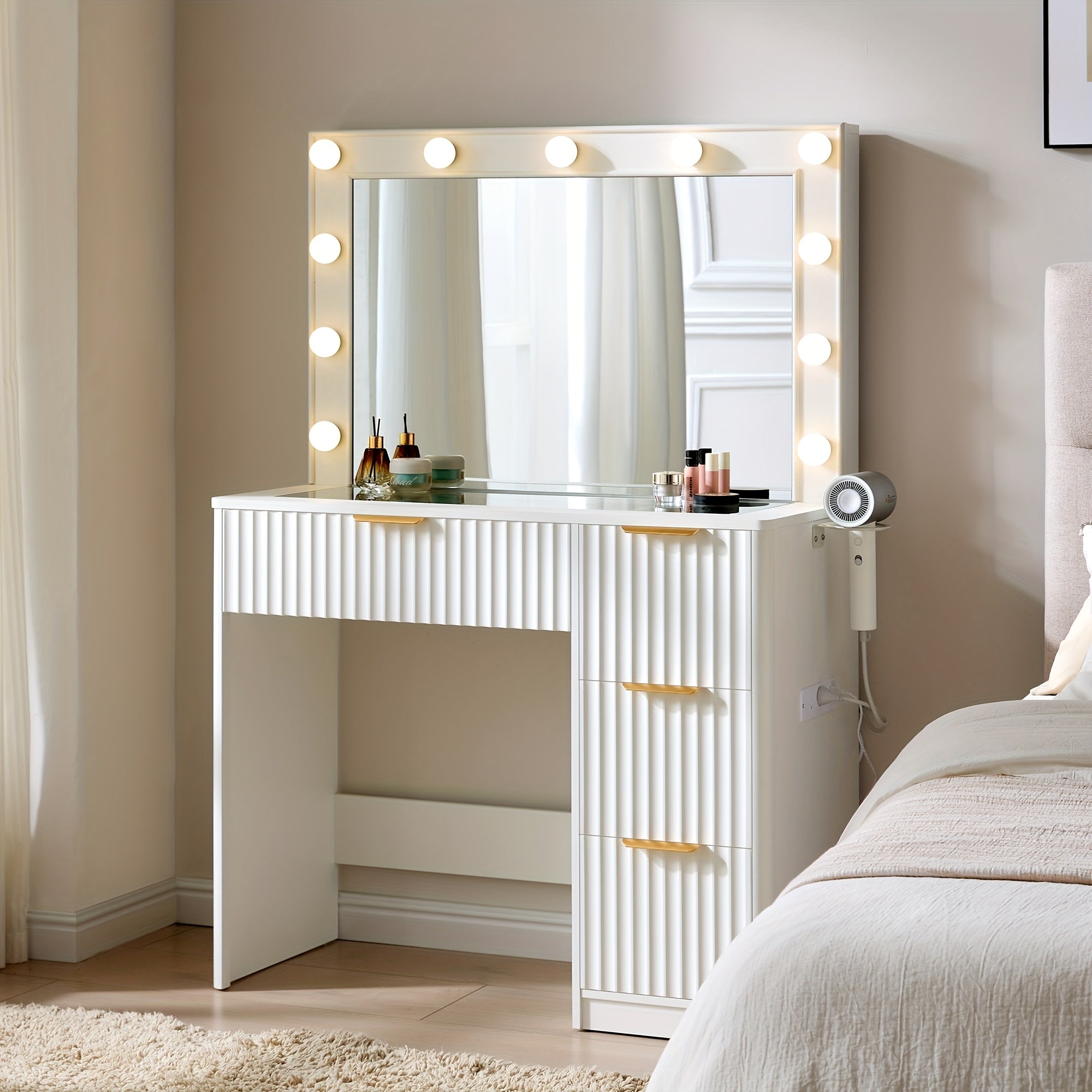 Fluted Vanity Desk With Large Mirror