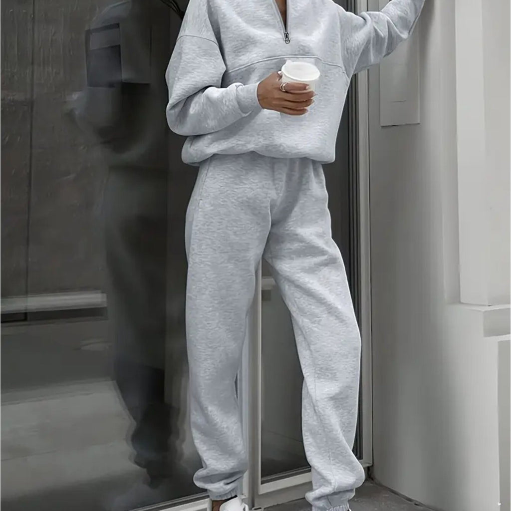 Two-Piece Zip-Up Lapel Solid Color Casual Suit