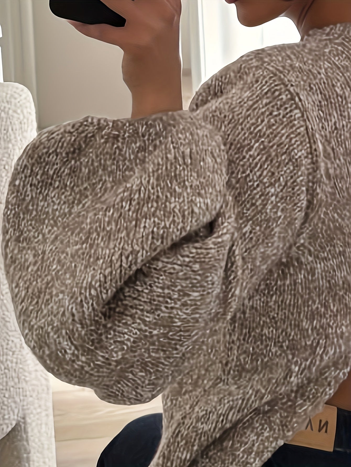 Women's 2025 Autumn Winter Casual Chic Pullover - Round Neck Long Sleeve with Hollow-Out Lantern Back Detail, Drop Shoulder Regular Fit, Solid Color Elegant Top for Casual Attire