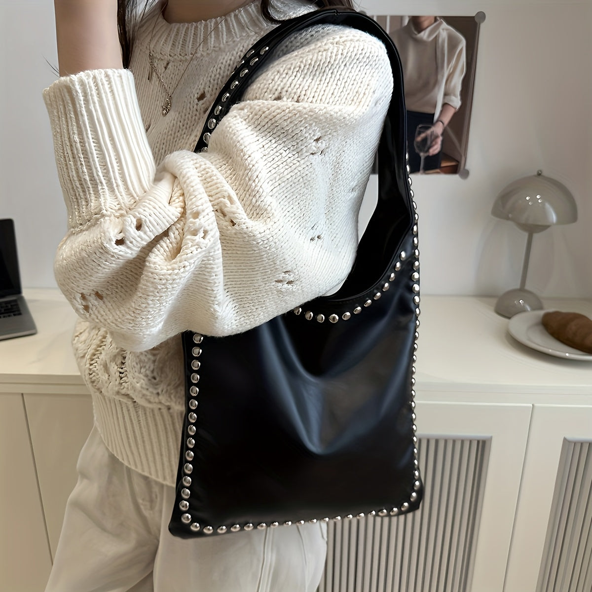Women's Retro Punk Gothic Handbag - Edgy Shoulder Tote with Zipper Closure, White/Black Handheld Bag, Punk Style Purse for Casual & Formal Outfits, Durable Everyday Shoulder Bag