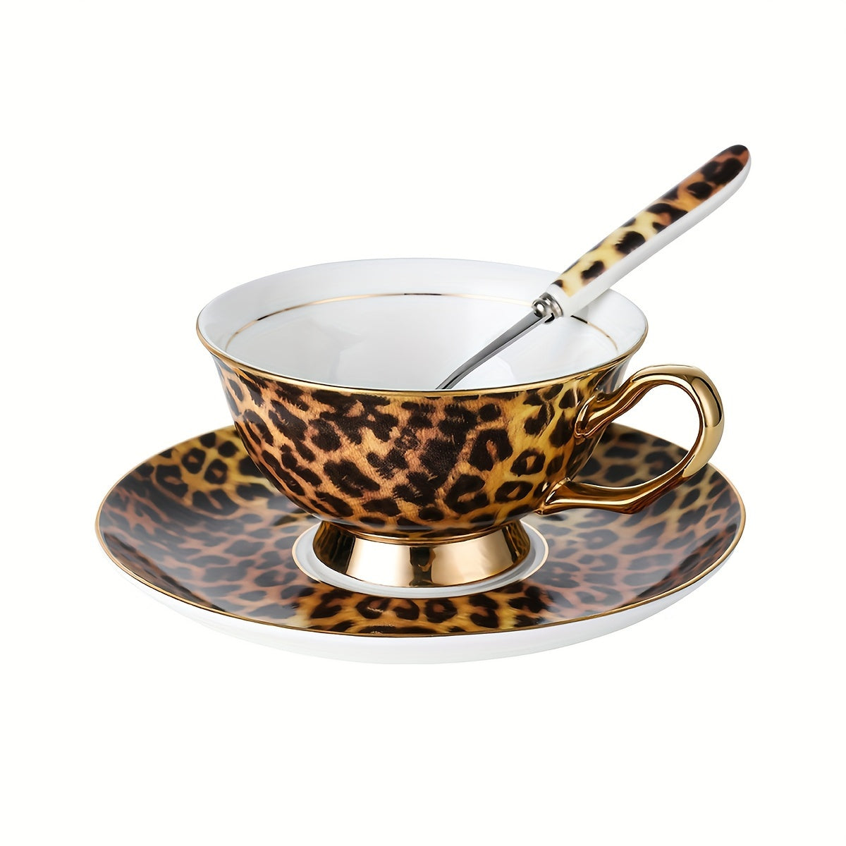 Leopard Print Ceramic Tea Cup、Spoon And Saucer Set