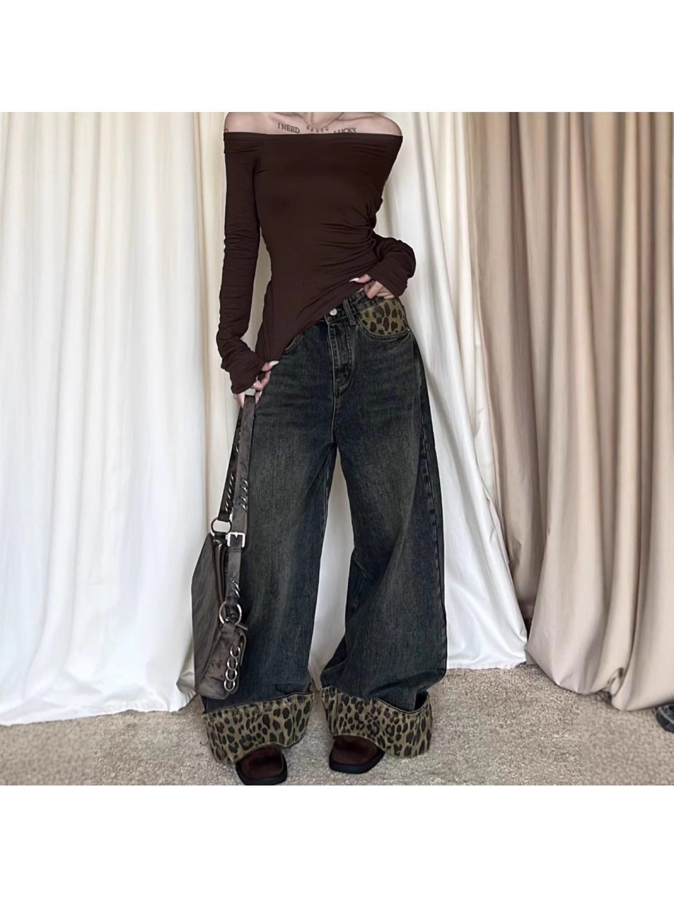 Vintage Leopard Print Cuffed Denim Pants