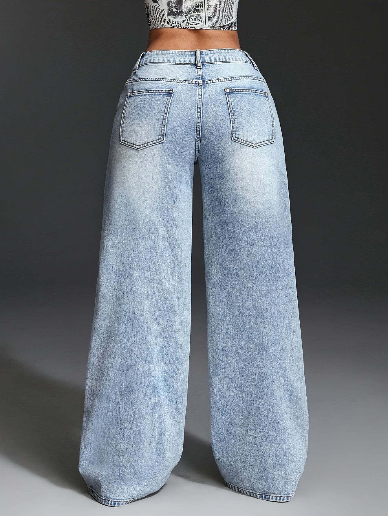 Pocket Stud Inlaid Loose Wide Leg Jeans