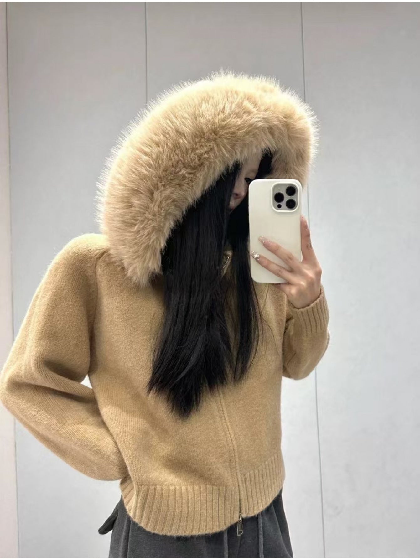 Women's Korean Retro Oversized Sweater Coat with Fur Collar & Hood - Long Sleeve Casual Winter Coat, Machine Washable Loose Fit Sweater Jacket for Women, Versatile Spring/Fall Outerwear (Black/White/Gray/Navy) - Solid Color D