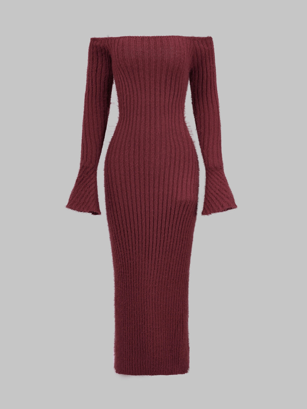 Off-the-Shoulder Burgundy Fuzzy Bodycon Dress