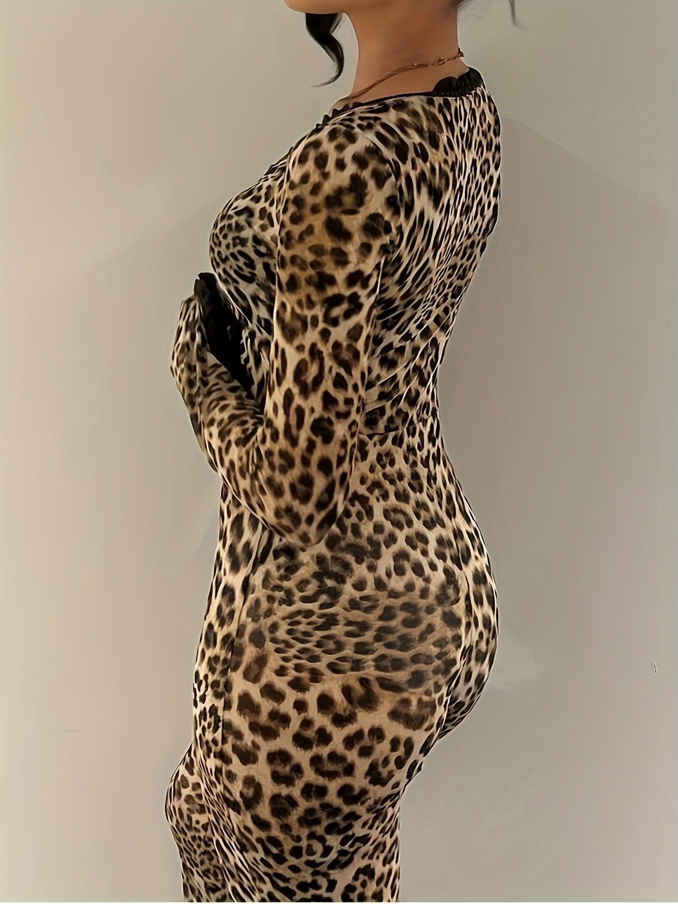 New Fashionable Sexy Cut-Out Leopard Print Mesh Jumpsuit