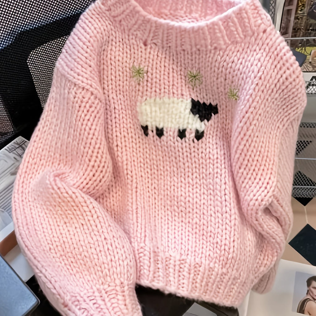 Soft Pastel Pink Sweater with Cute Sheep, Round Neck Loose Fit Pullover