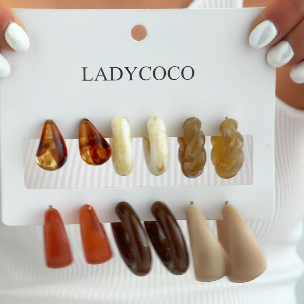 6 Pairs Elegant Geometric C-Shape Acrylic Earrings in Pastel and Earthy Tones