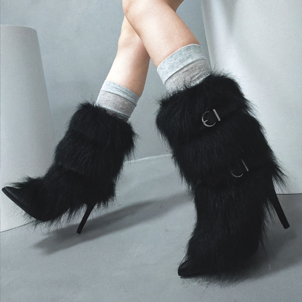 Faux Fur Plush Short Boots with Stiletto Heels