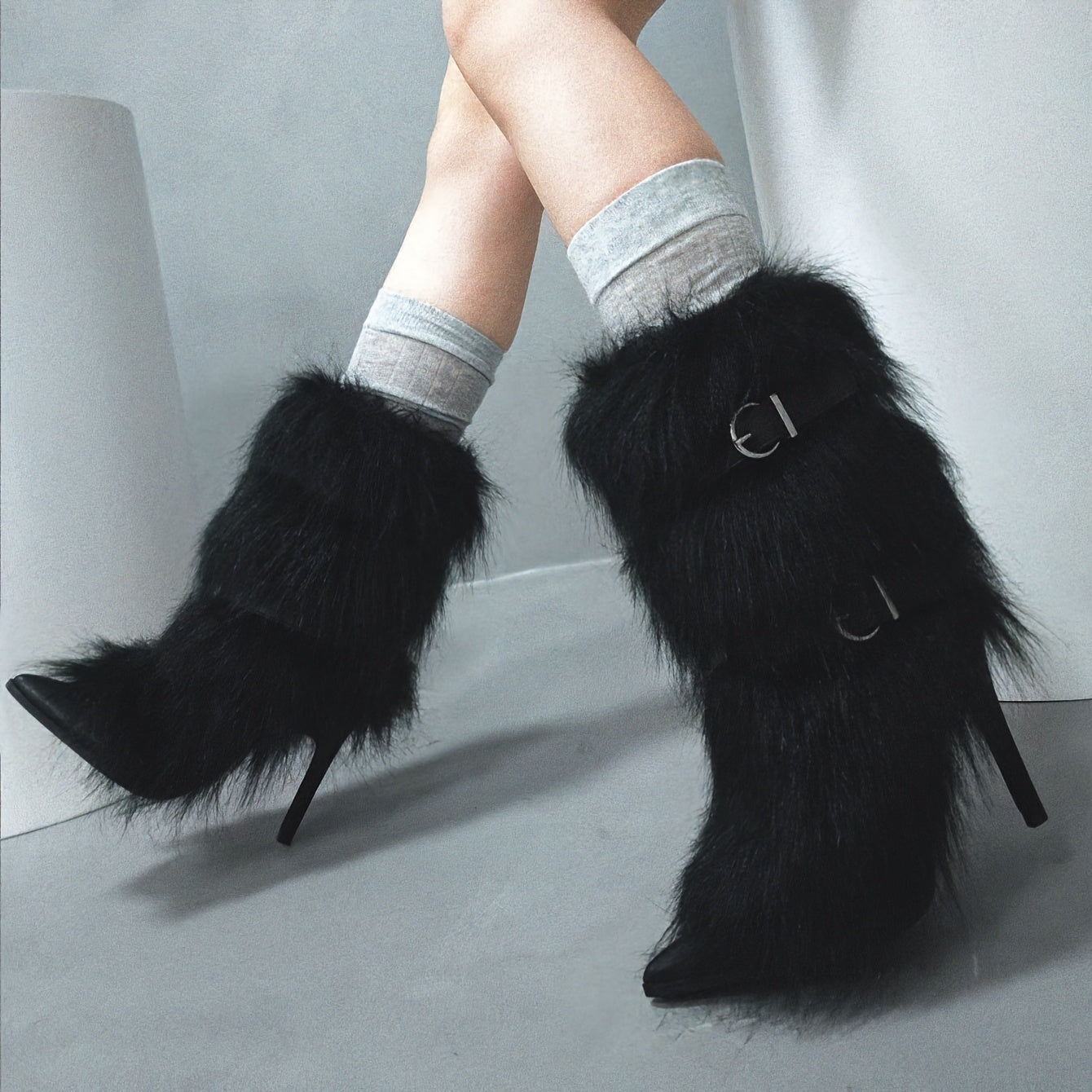 Faux Fur Plush Short Boots with Stiletto Heels