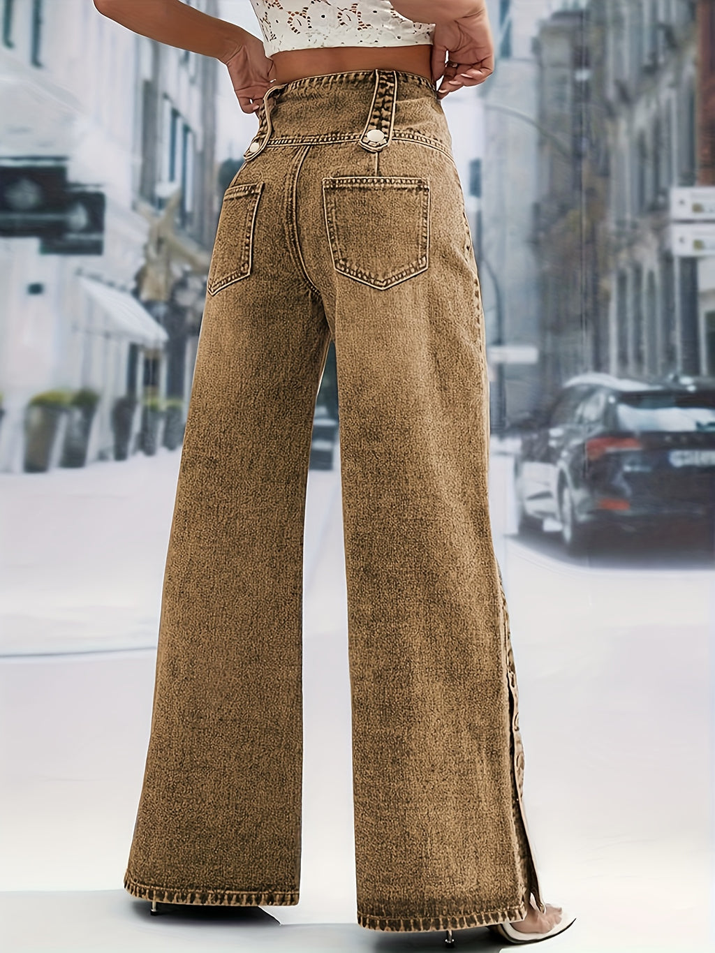 High-Waisted Snowflake Denim Pants with Buckle & Snap Closure