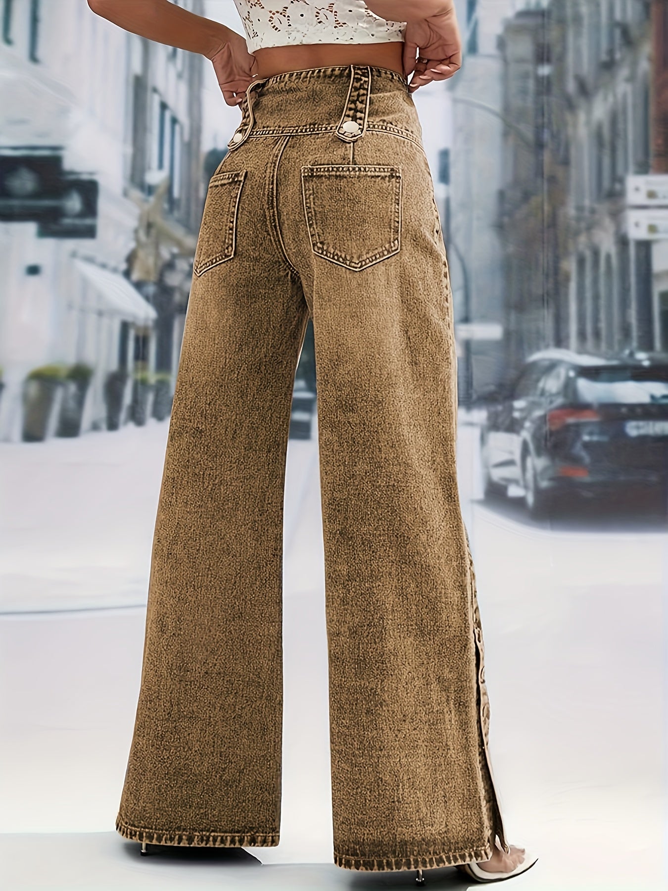 High-Waisted Snowflake Denim Pants with Buckle & Snap Closure