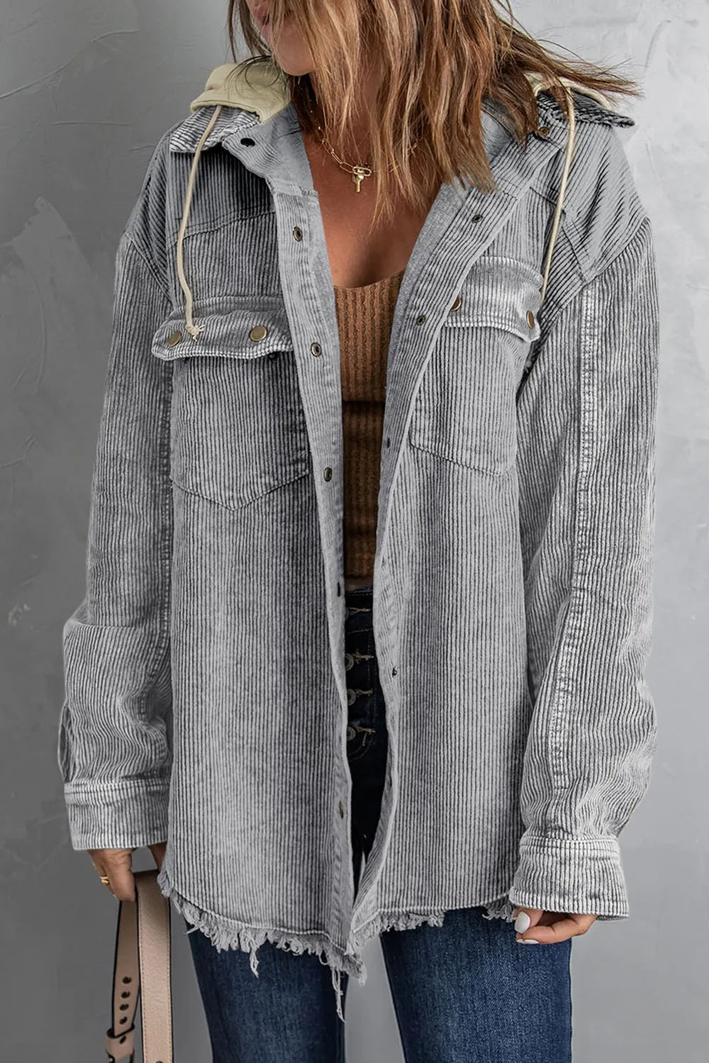 Snap Front Hooded Corduroy Shacket