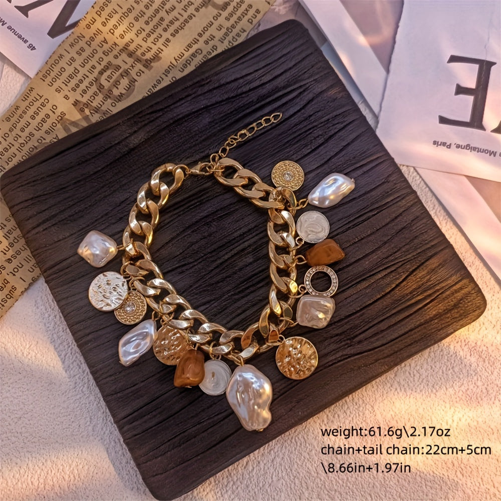 Charm Bracelet with Faux Baroque Pearls, Alloy Chain, and Rhinestone Detailing