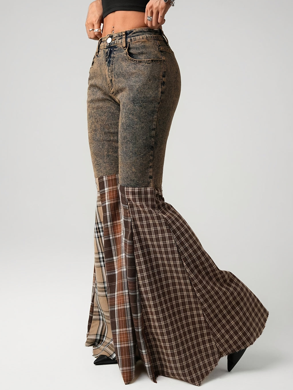 Plaid Patchwork Flared Jeans