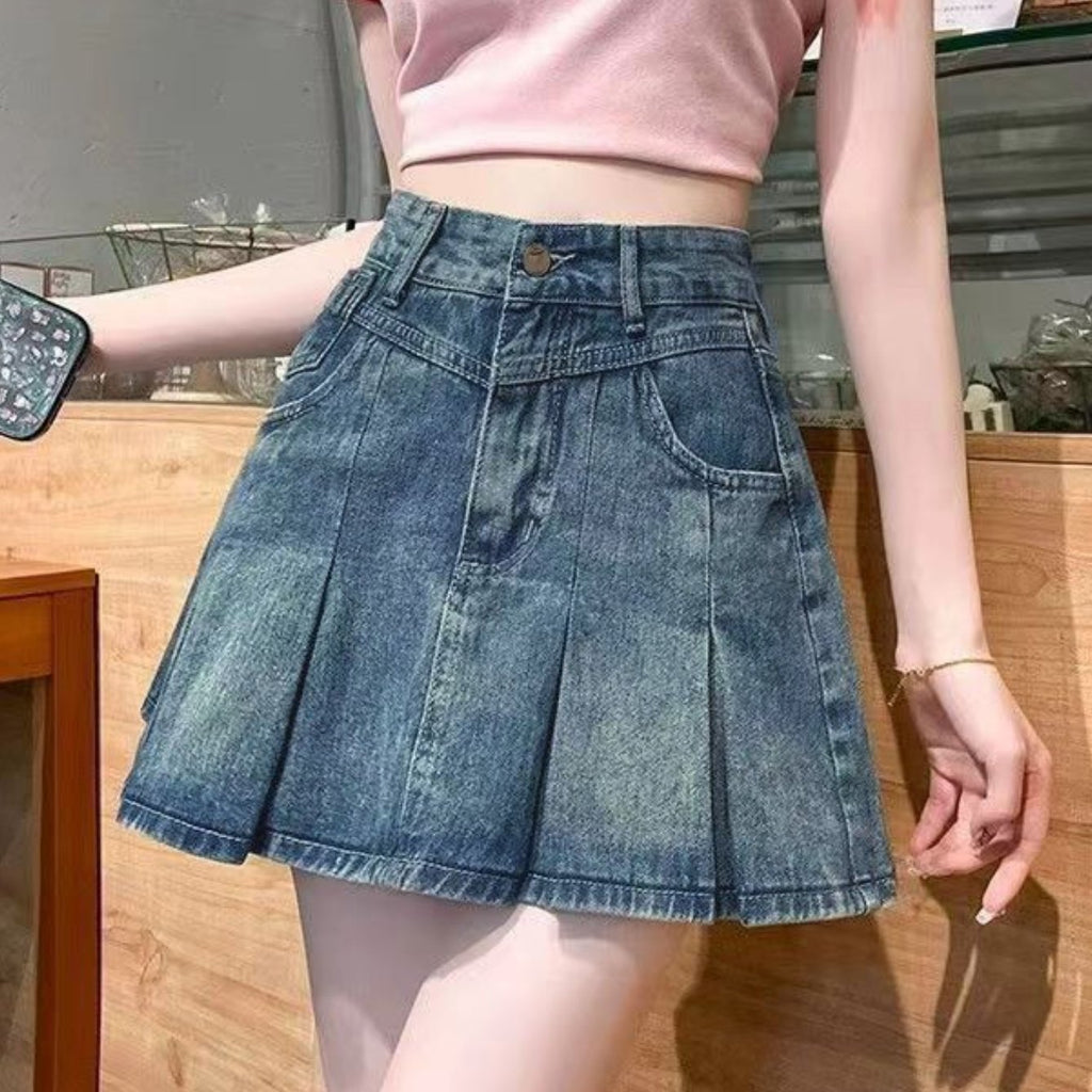 Ruffle Pocket Denim Pleated Mini Skirt
